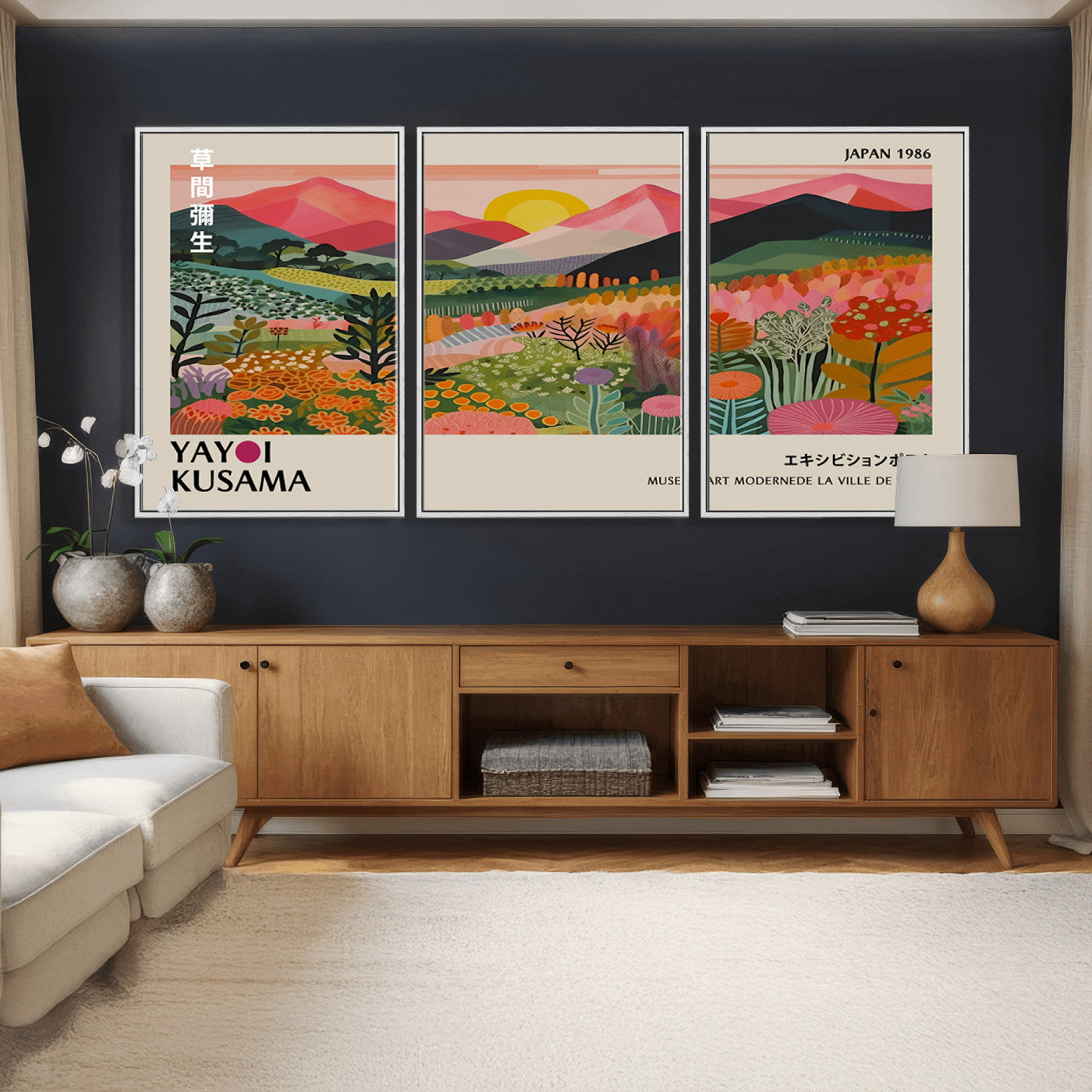 30051-MGV-CV-36X24 - Yayoi Kusama Landscape Canvas Print, Vibrant Floral Mountain Art Print, Framed Botanical Wall Art