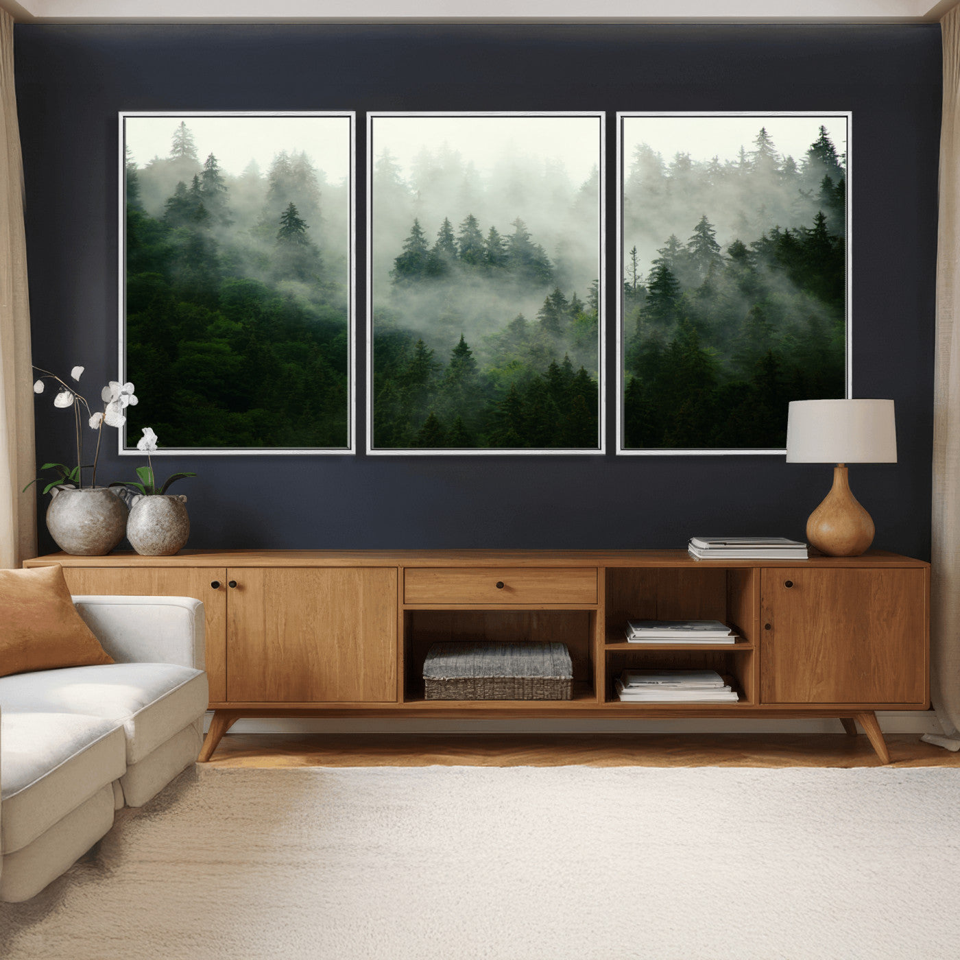 167720496-MGV-CV-36X24 - Misty Forest Mountain Wall Art Canvas | Large 3-Panel Foggy Landscape Canvas Print | Nature Misty