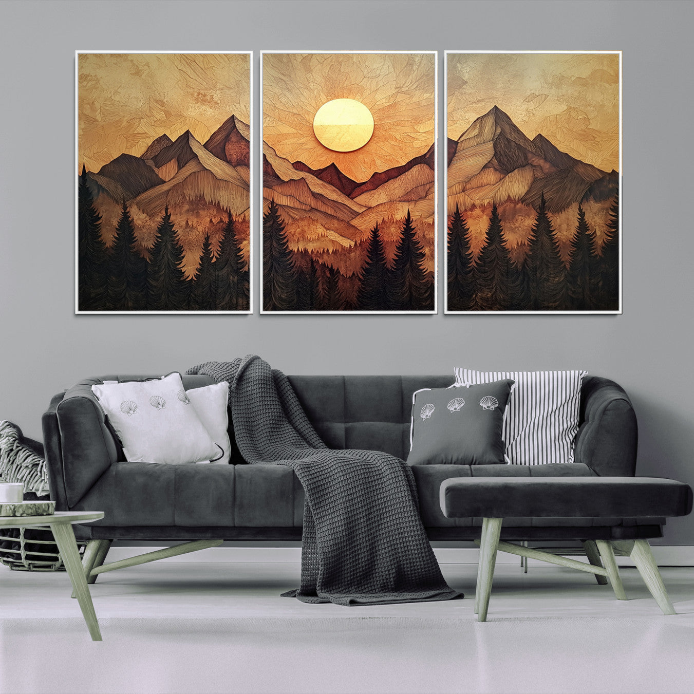 71340-MGV-CV-36X24-Wood Style Abstract Mountain Sunset Canvas Wall Art Print - Warm Earth Nature-Inspired Decor for