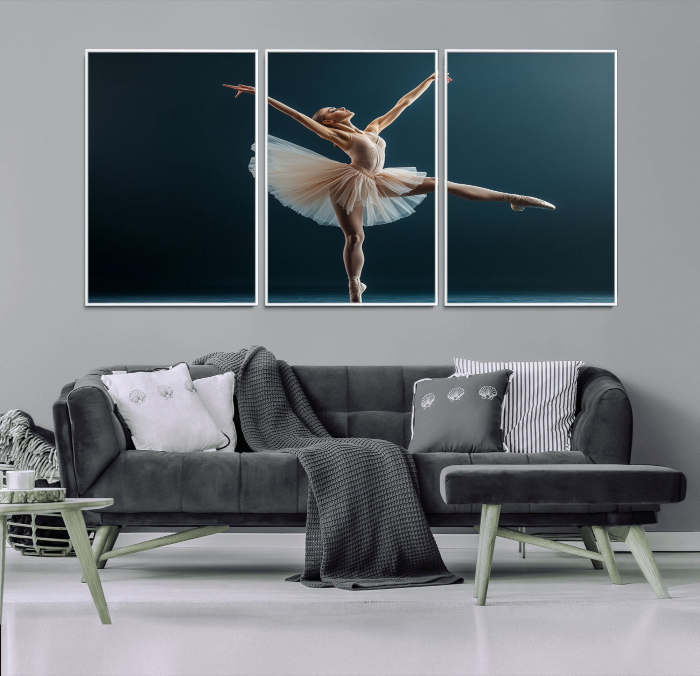 An elegant ballerina captured mid-pose on pointe, radiating grace and strength in a perfectly lit studio setting, her tutu fanned out in delicate symmetry.