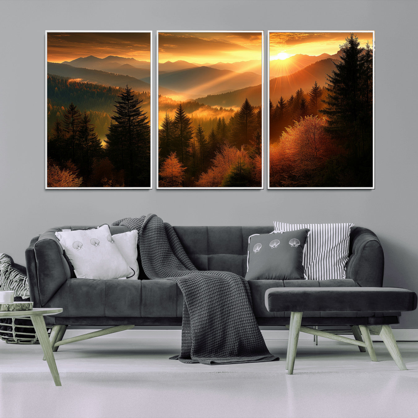 -Golden Sunset Over Mountain Forest Canvas Wall Art Print - Warm Nature Landscape Print