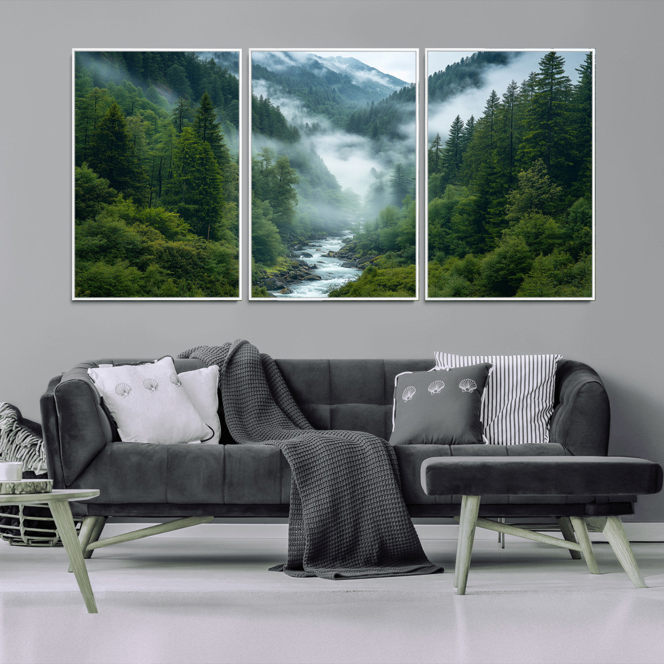 -Mountain Forest River Canvas Wall Art Print - Serene Nature Landscape for Living Room, Office, or