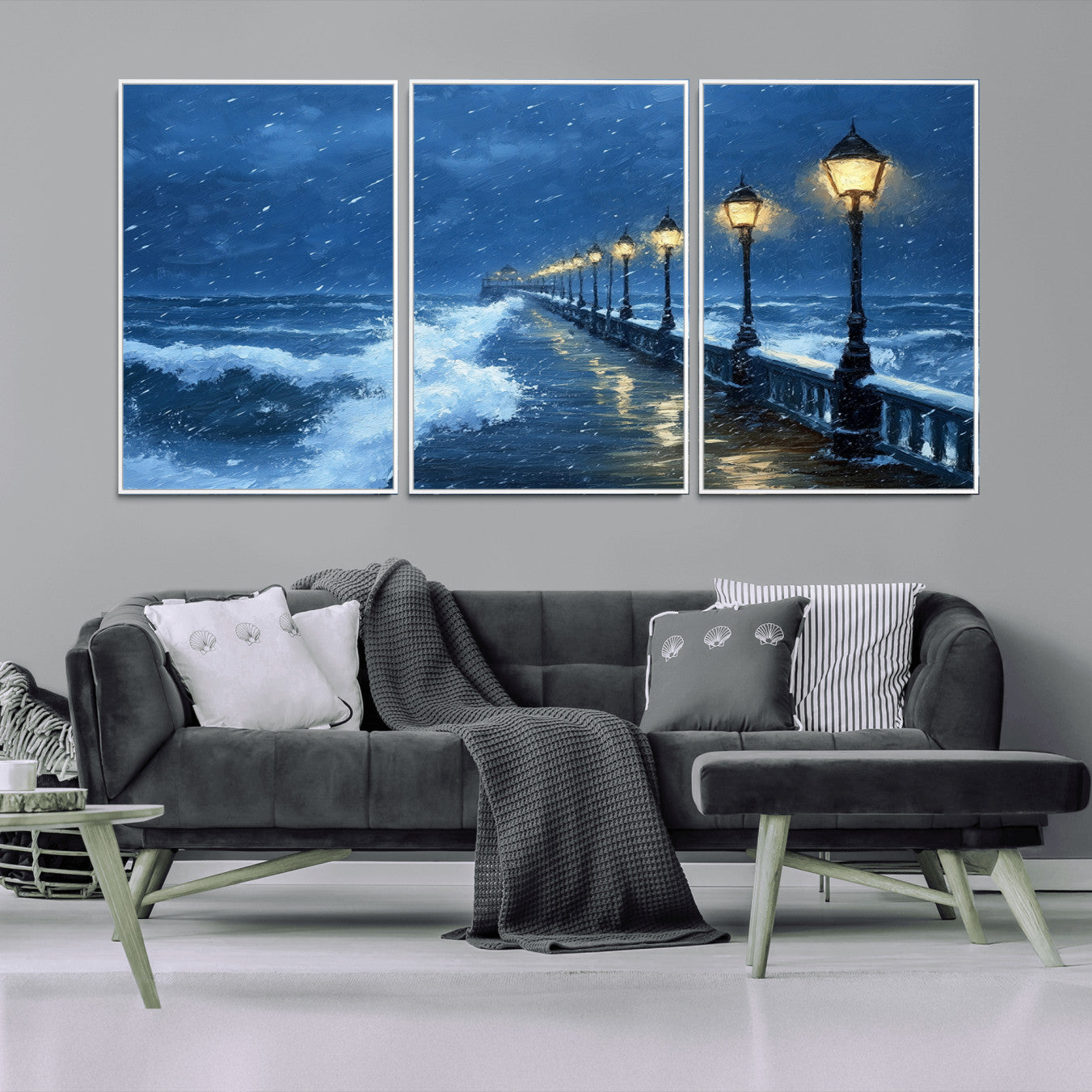 32668-MGV-CV-36X24-Stormy Ocean Pier Lights Canvas Wall Art Print - Large Moody Night Scene for Living Room, or Office,