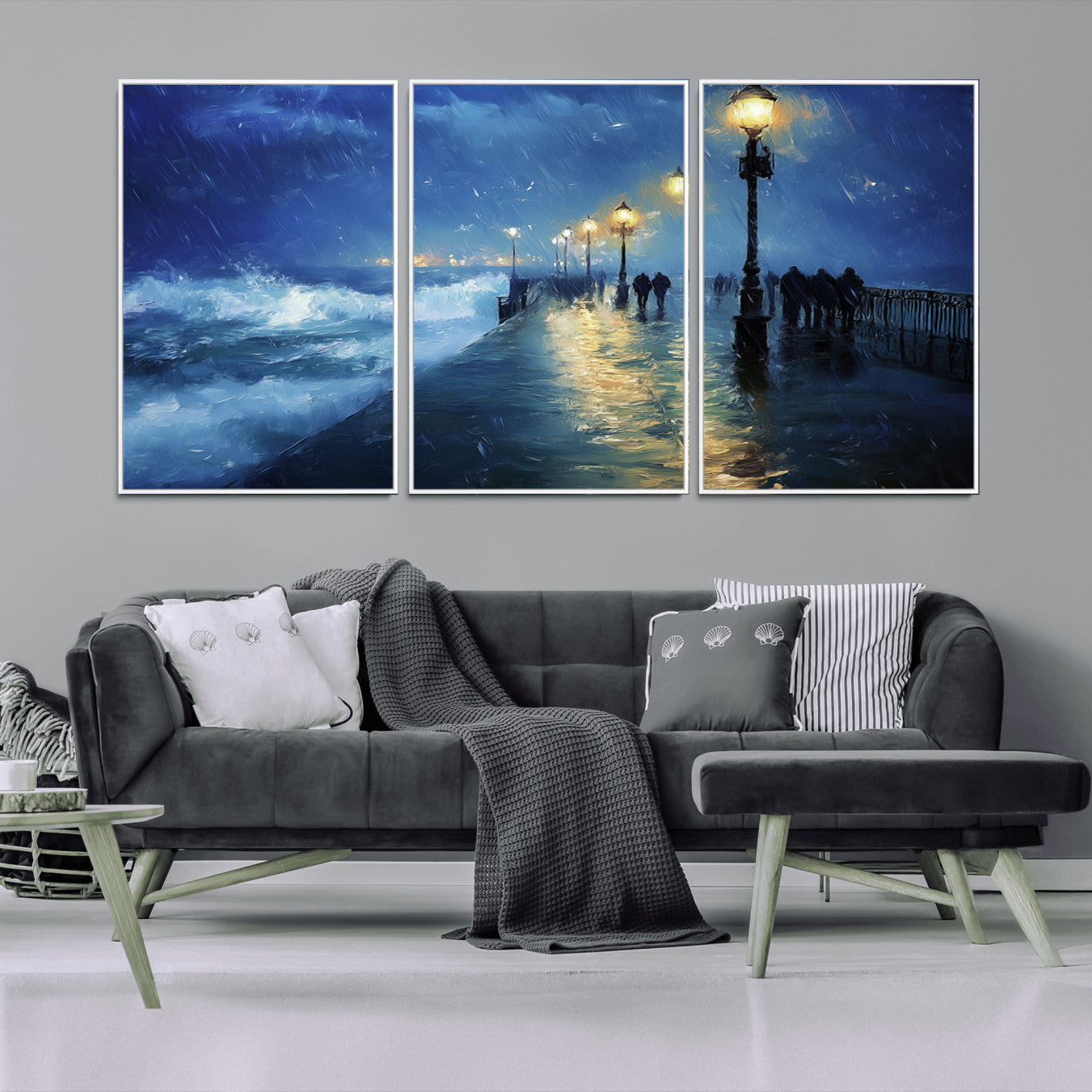 76572-MGV-CV-36X24-Abstract Stormy Ocean Pier Canvas Wall Art Print | Stormy Ocean Art | Large Moody Night Scene Print,