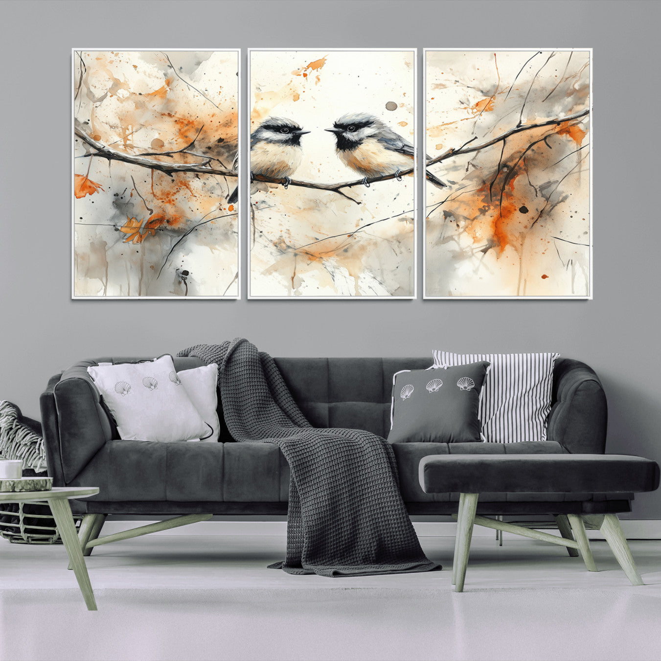 98244-MGV-FC-60X30-3P-Beautiful Birds Wall Art – Framed Watercolor Branch Canvas Artwork, Elegant Nature Design, Vibrant Decor for Home, Office