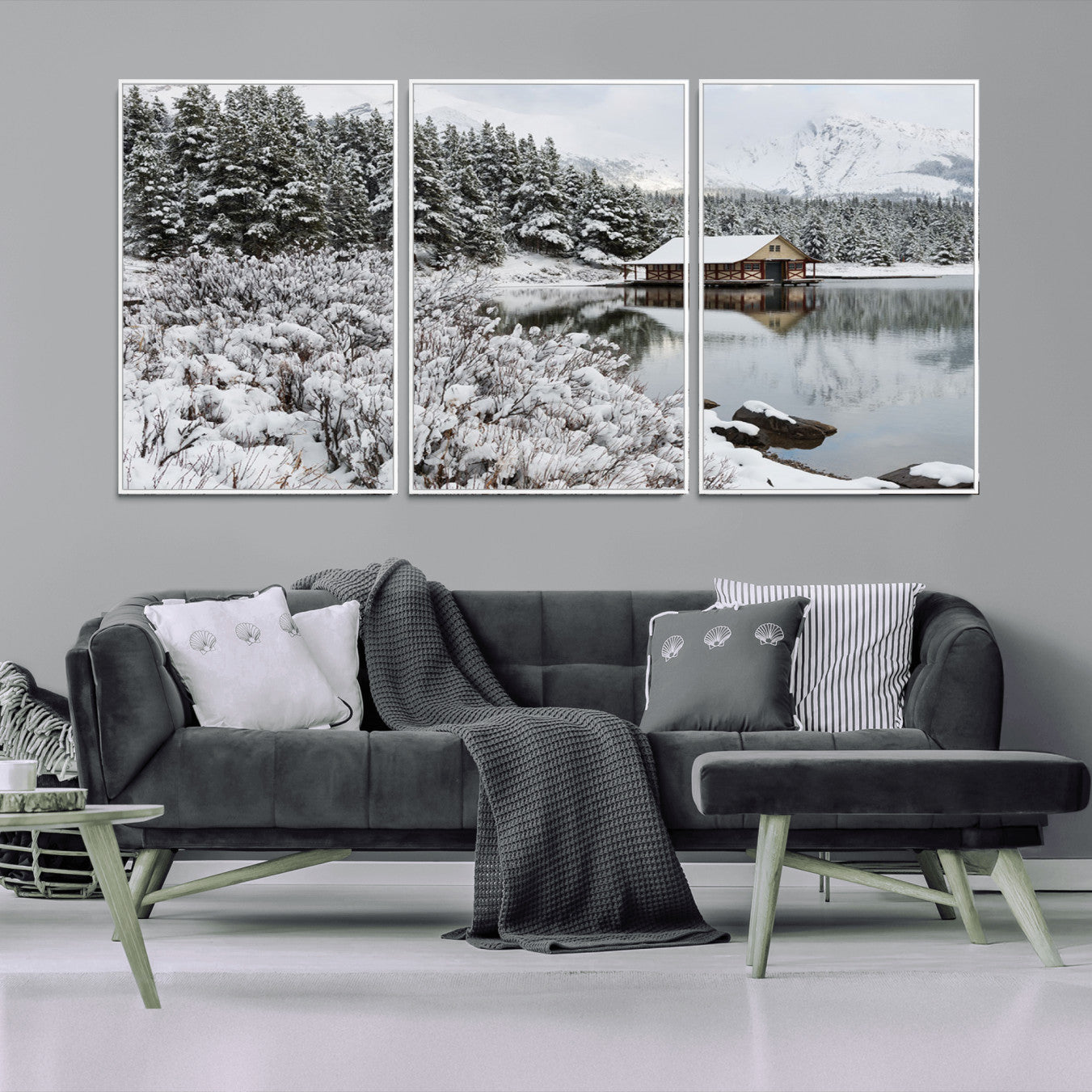 94285-MGV-FC-60X30-3P_White-Winter Wall Art - Cabin by the Lake Canvas Wall Art - Serene Snowy Landscape with Mountain View,