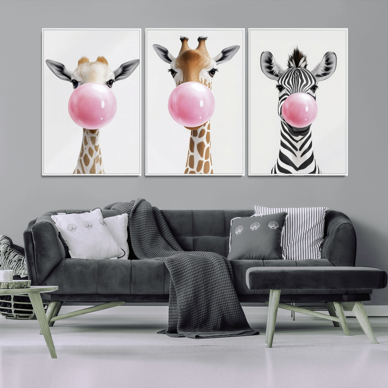 -Bubblegum Animals Canvas Wall Art - Playful Giraffe and Zebra Trio, Fun Nursery Decor for Kids'
