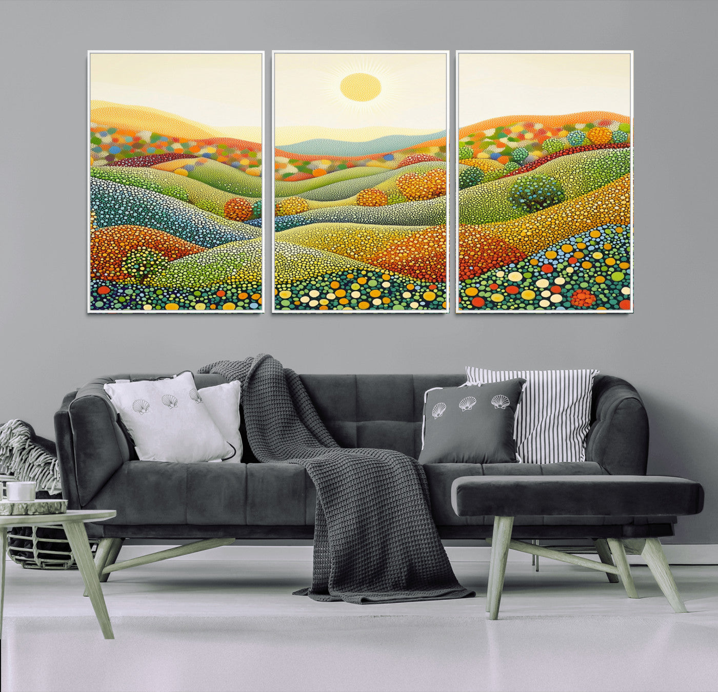 27683-MGV-FC-60X30-3P_White-YAYOI KUSAMA Wall Art - Colorful Dot Art Landscape Canvas, Framed Japanese Dot Art