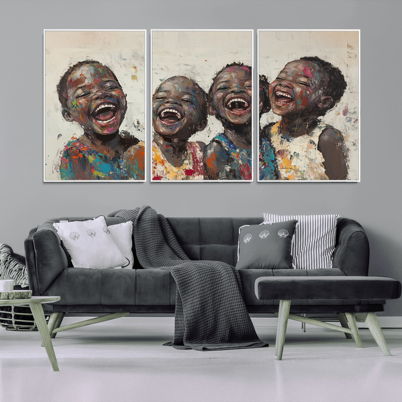 85256-MGV-FC-60X30-3P_White-Shai Yossef Print - Joyful Childhood Canvas Wall Art - Expressive Impasto Painting of Laughing