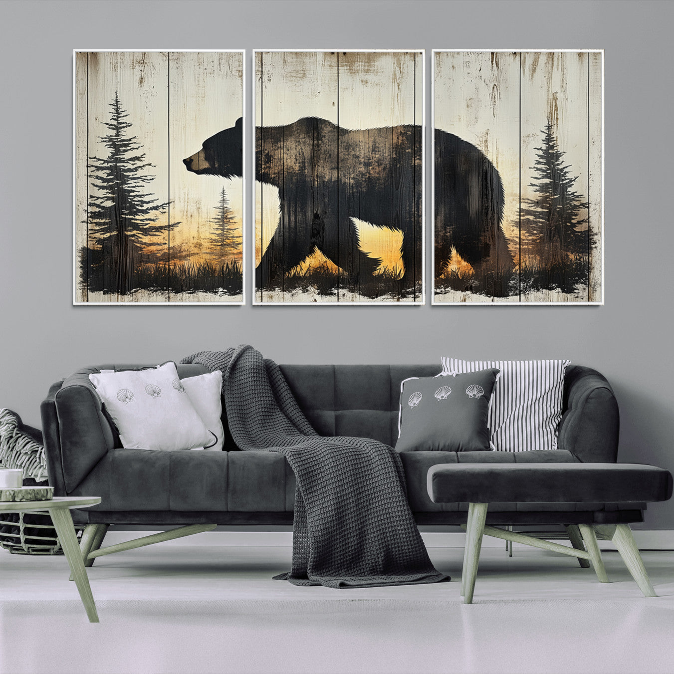 83875-MGV-CV-36X24-Vintage Bear Wall Art Canvas Print for Farmhouse - Mountain Wood Canvas Wall Art - Forest Silhouette