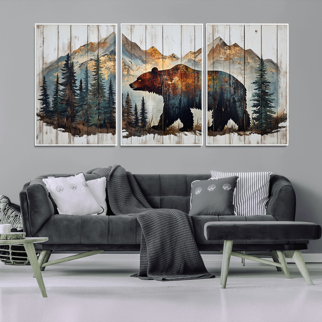 -Rustic Grizzly 399 Bear and Mountain Wood Canvas Wall Art - Framed Nature Artwork with Forest