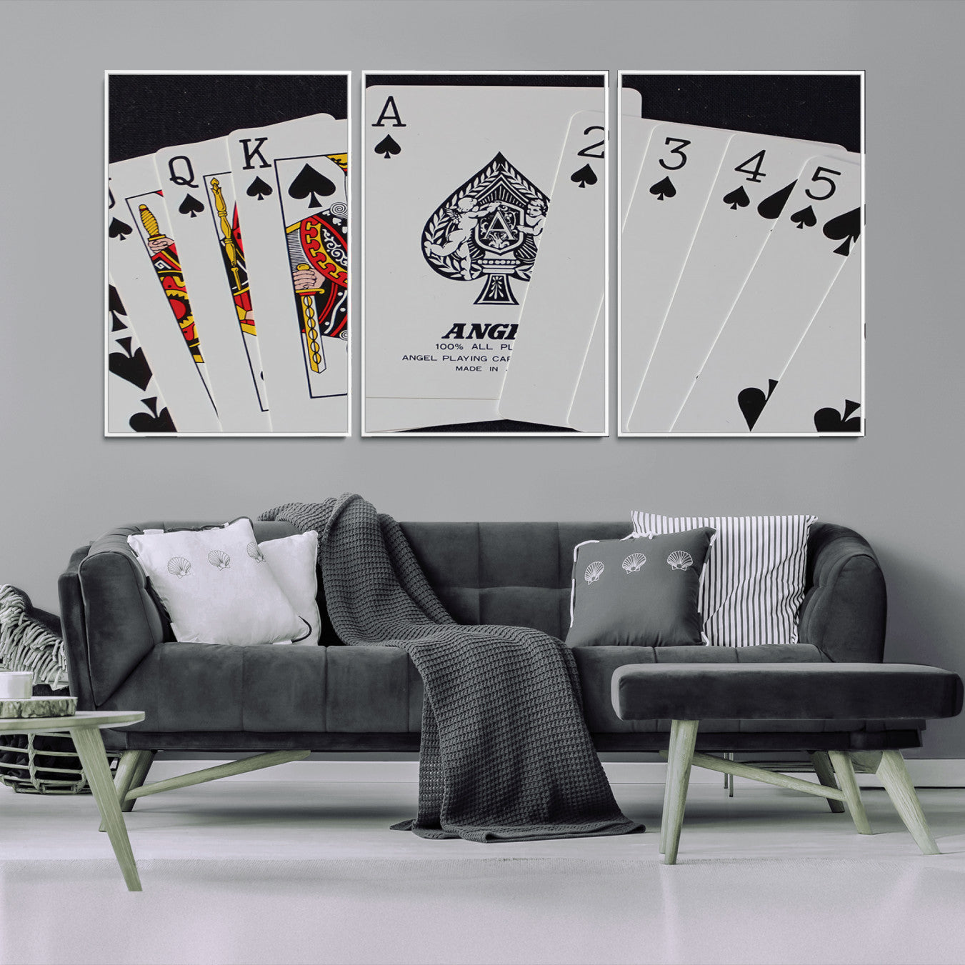 56787-MGV-FC-60X30-3P_White-Poker Wall Art - Playing Cards Canvas Wall Art Print - Ace of Spades and Royal Flush Design, Perfect