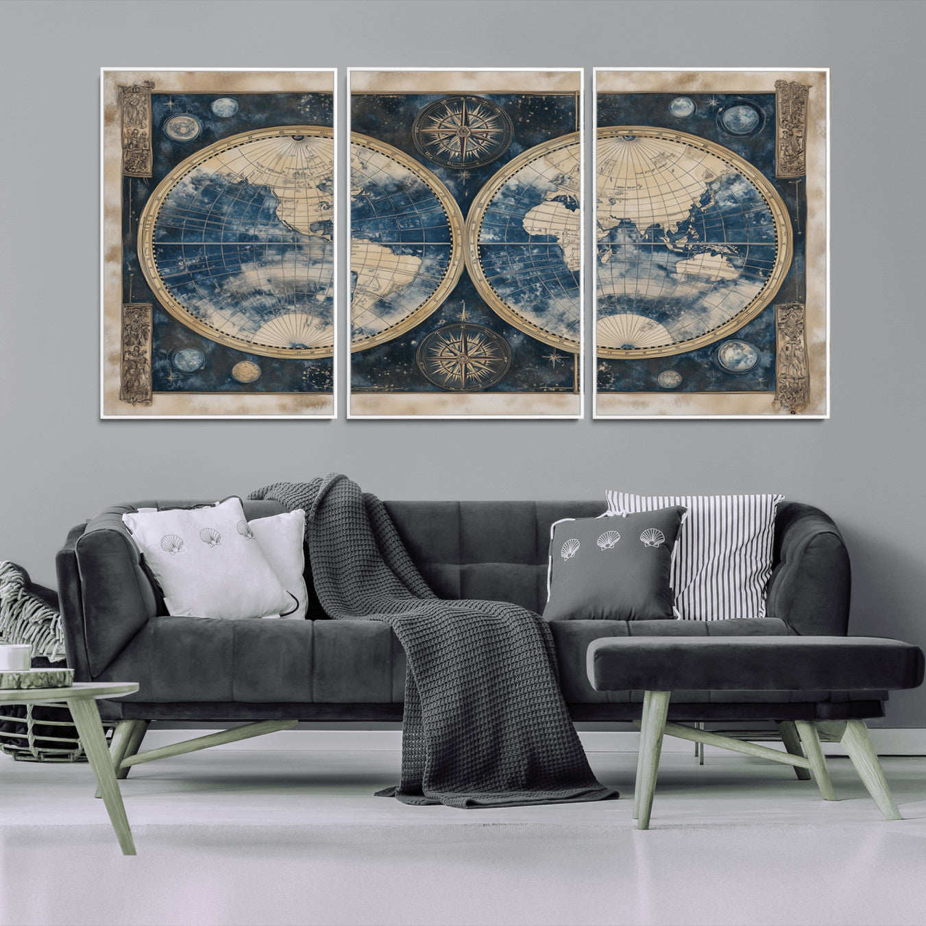 -Framed Vintage Blue World Map Canvas Print – Antique Double Hemisphere Wall Art for Home and Office Decor, Classic Explorer Map Artwork