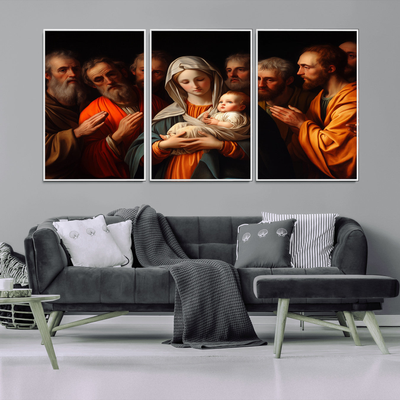 MGV-FC-60X30-3P - Religious Canvas Wall Art Print - Madonna and Child with Apostles Art Print - Classic Christian