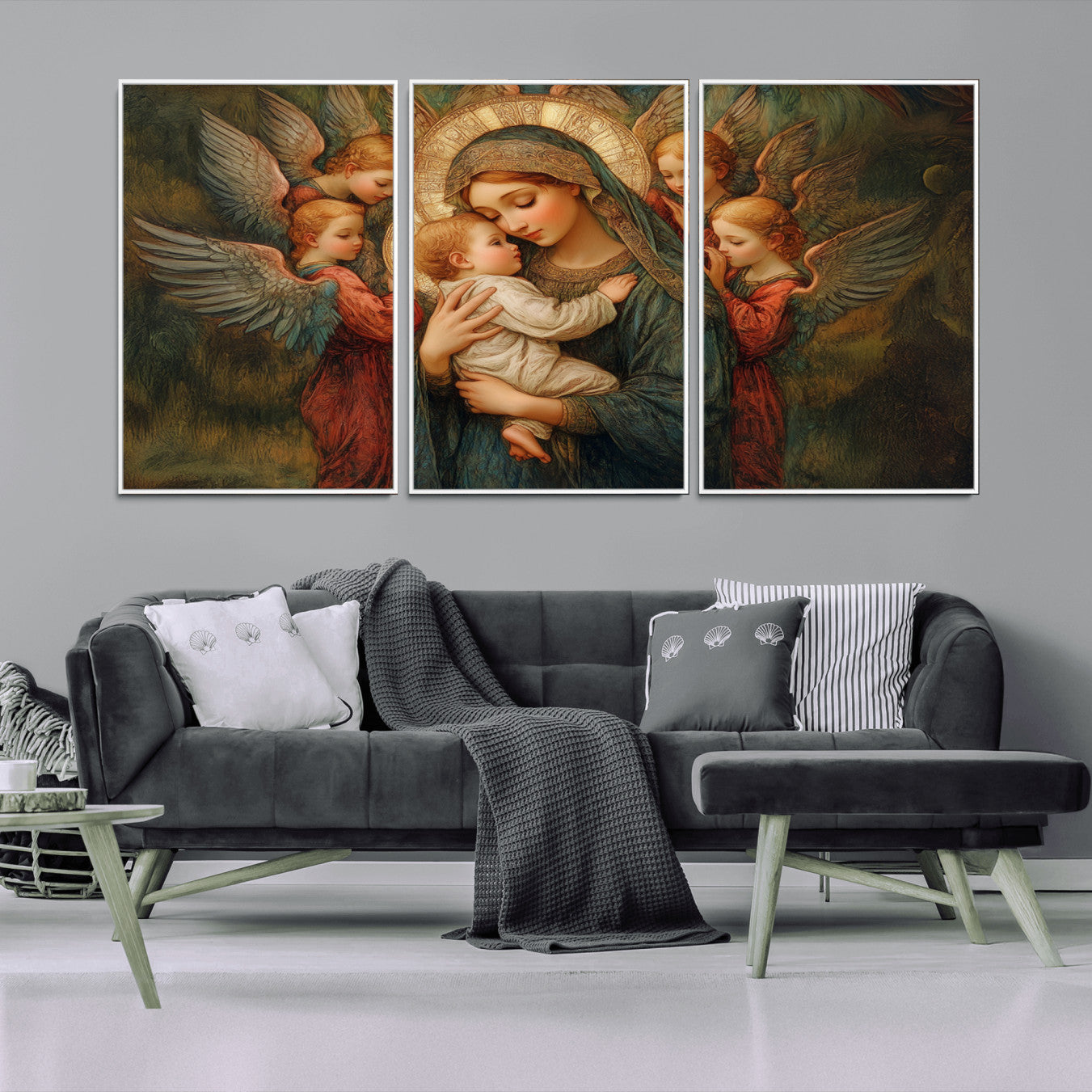 MGV-FC-60X30-3P - Mary Jesus Canvas Wall Art Print - Madonna and Child with Angels Art Print - Classic Christian