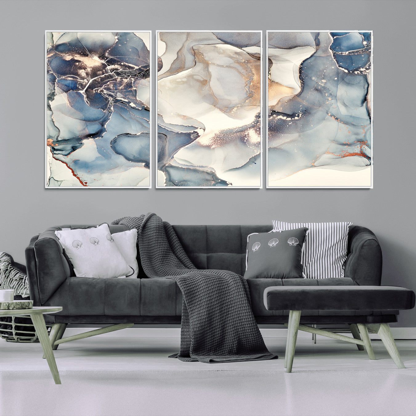 51497-MGV-CV-36X24-Abstract Blue and Gold Canvas Wall Art - Fluid Modern Ink Artwork - Modern Luxury Wall Decor for