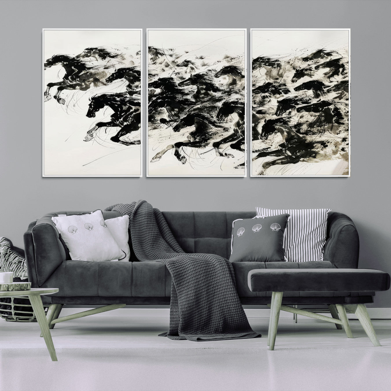 23069-MGV-CV-36X24-Abstract Horse Wall Art Canvas Print - Dynamic Black Ink Horse Print - Modern Equine Wall Decor for