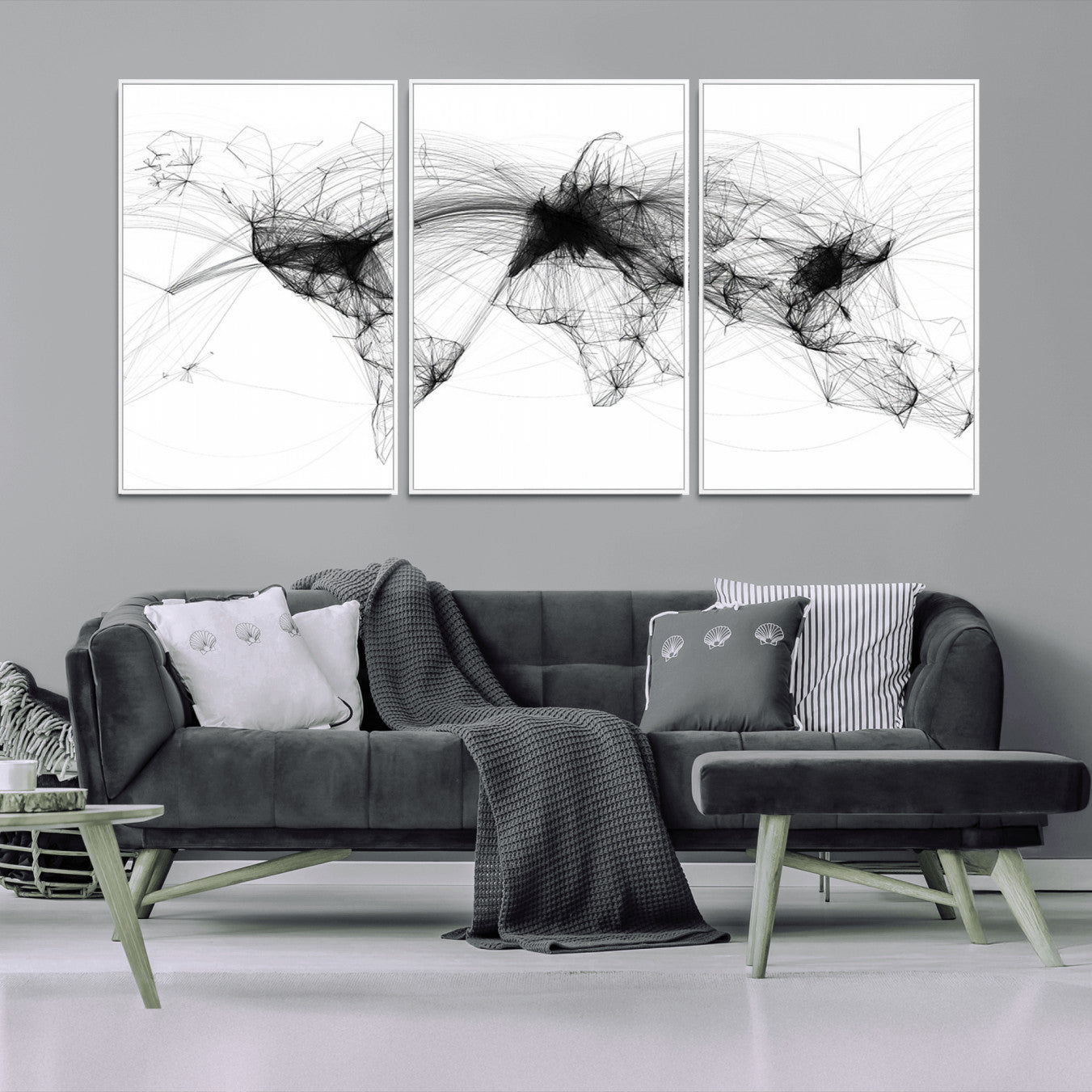 A minimalist abstract world map created from interconnected black lines representing global connectivity and communication networks.