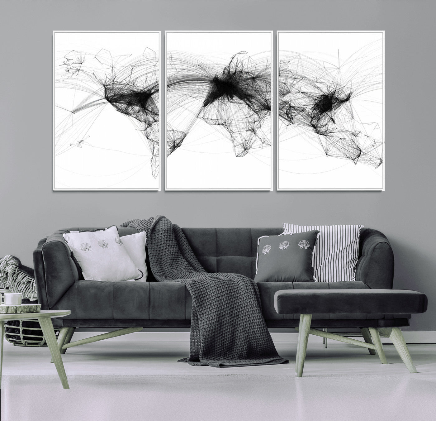 50136-MGV-CV-36X24-Abstract World Map Wall Art – Framed Geometric Line Canvas Artwork, Modern Global Design, Contemporary Decor for Home, Office