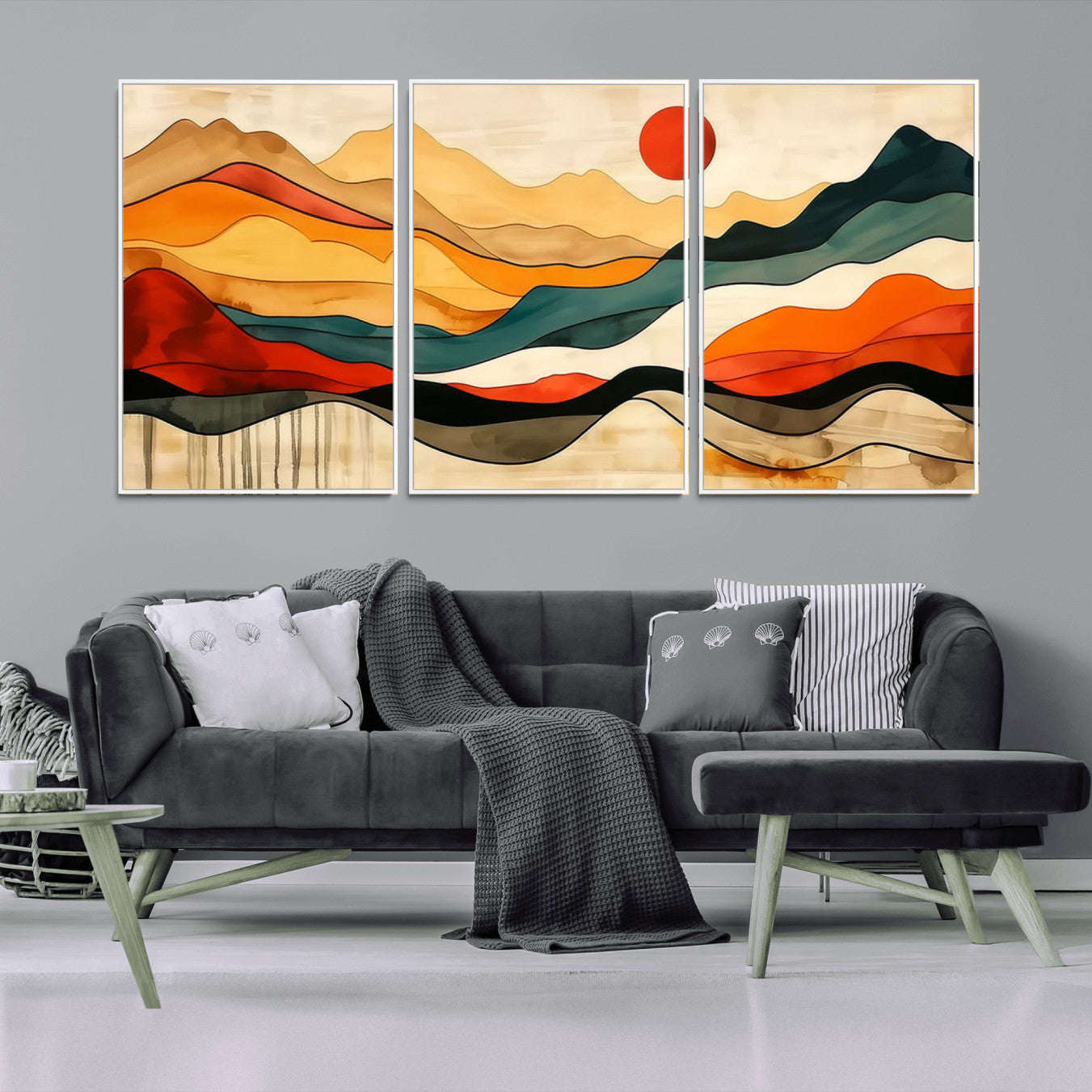 A vibrant abstract landscape featuring layered hills in rich earth tones with a striking red sun, evoking warmth and movement in a minimalist style.