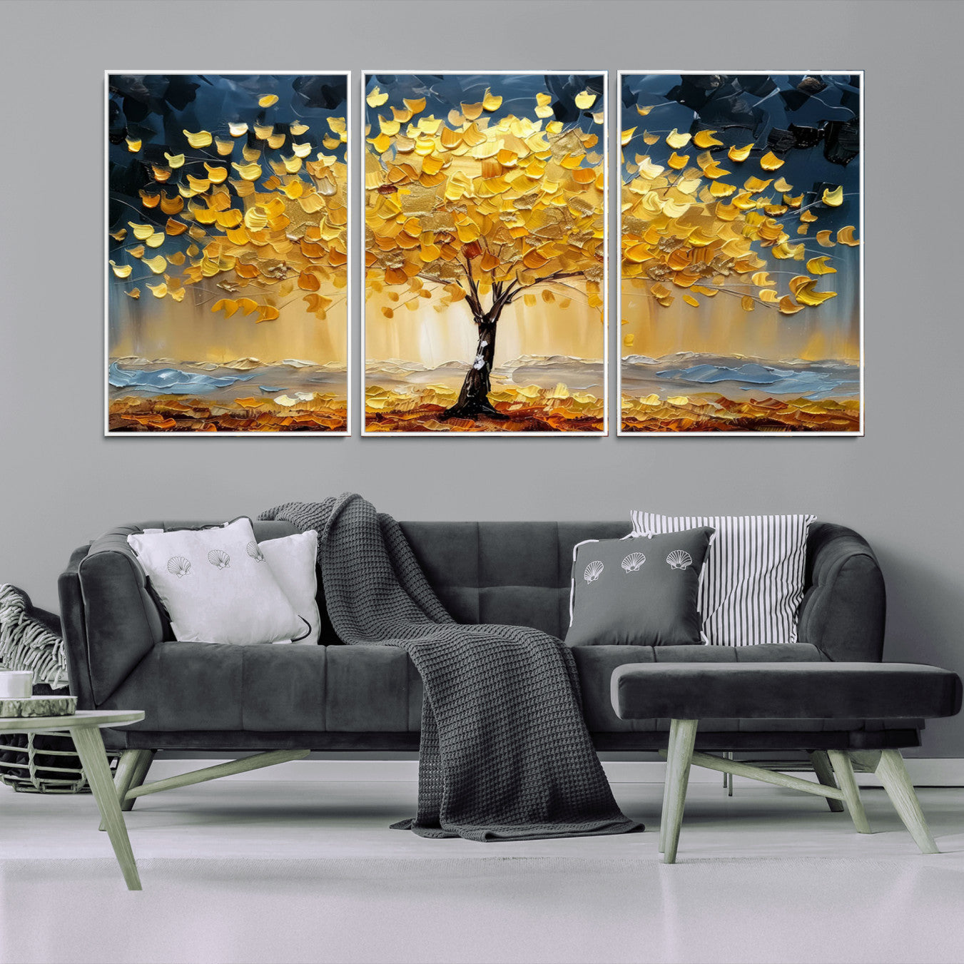 A stunning impasto painting captures the golden hues of autumn with a vibrant tree glowing against a dramatic blue and brown backdrop.