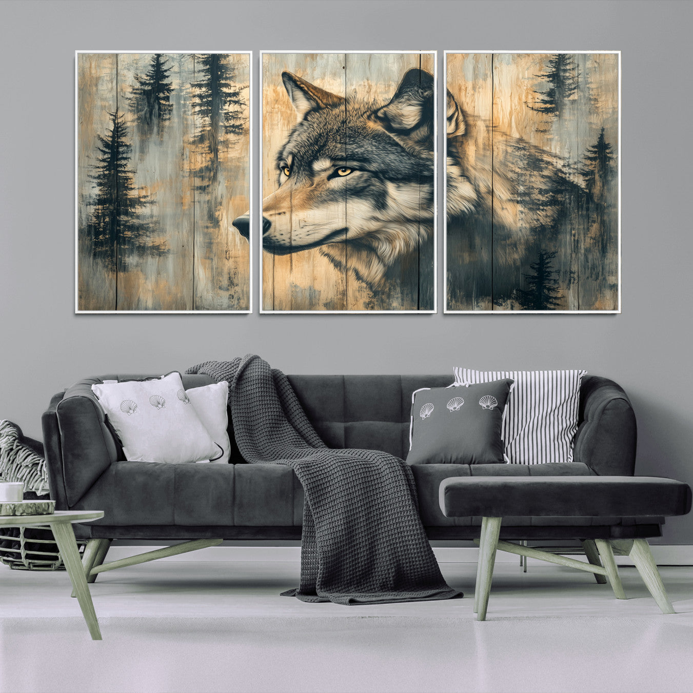 -Wood Style Rustic Wolf Wall Art Canvas Print, Vintage Woodland Wolf Wall Art, Framed Wood Style Wolf