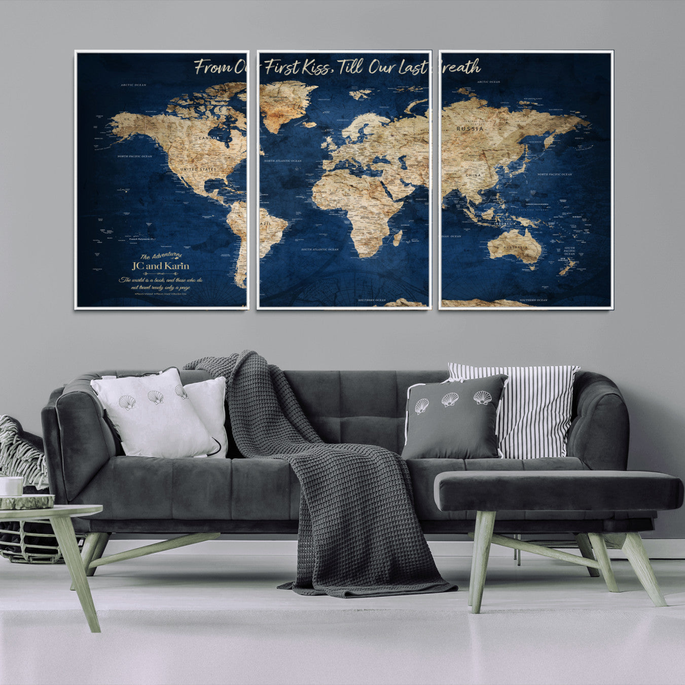-Personalized Push Pin World Map Canvas Print – Custom Couple Travel Tracker Wall Art, Framed Anniversary Gift for Home Decor