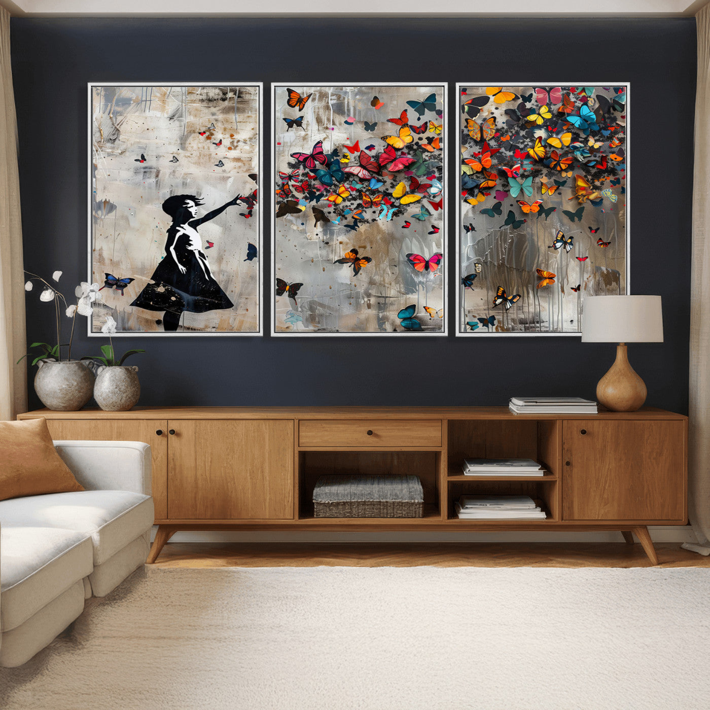 51446-MGV-CV-36X24 - Banksy Butterfly Girl Wall Art | 3-Piece Butterfly Girl Canvas