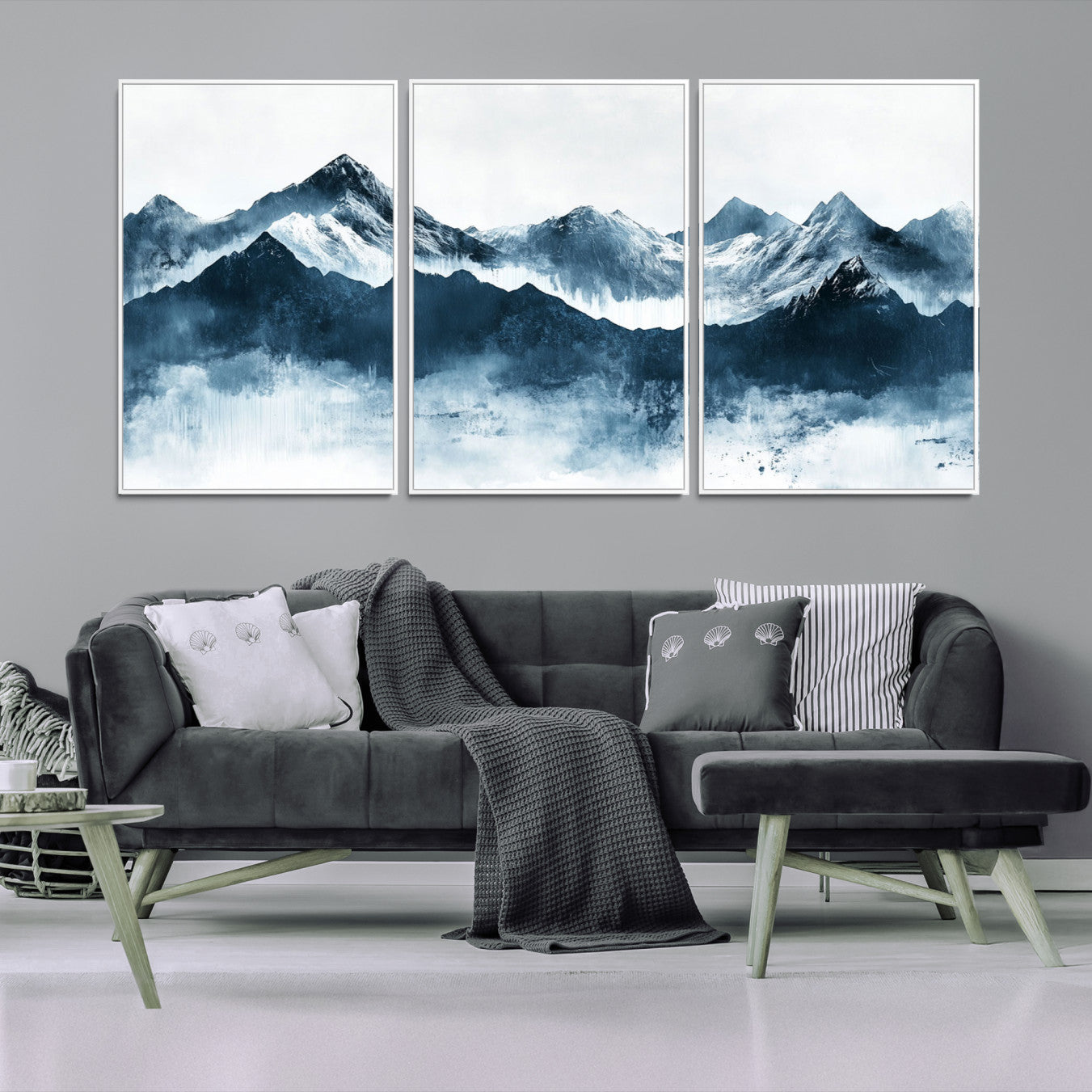 Abstract blue-toned canvas of snowy mountains in misty tones, ideal for minimalist or moody alpine-inspired home decor.