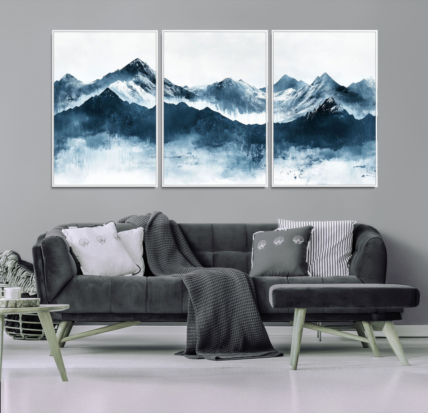 Abstract blue-toned canvas of snowy mountains in misty tones, ideal for minimalist or moody alpine-inspired home decor.