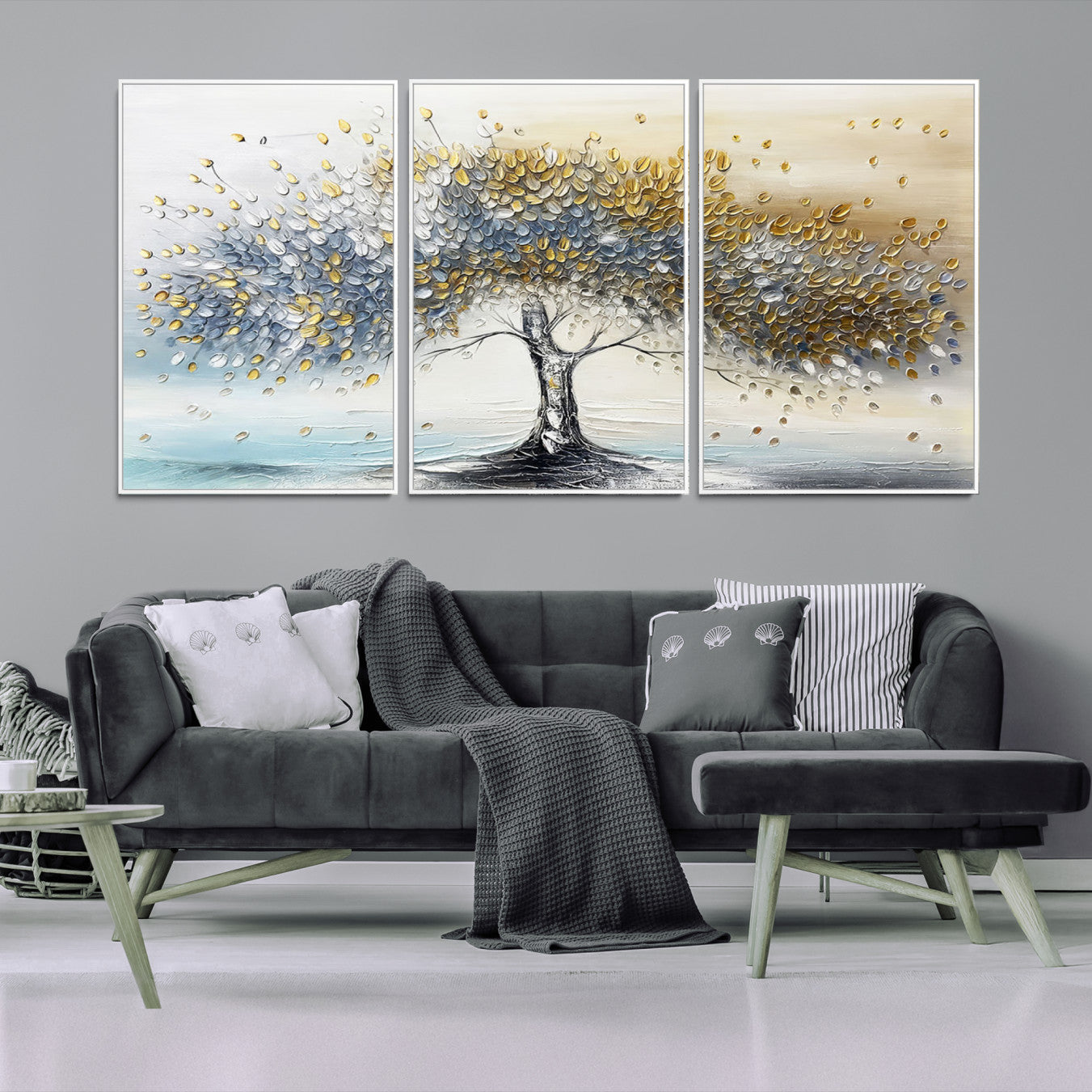 Canvas of a silver and gold textured tree with a soft neutral background, ideal for elegant and minimalist home decor styles.