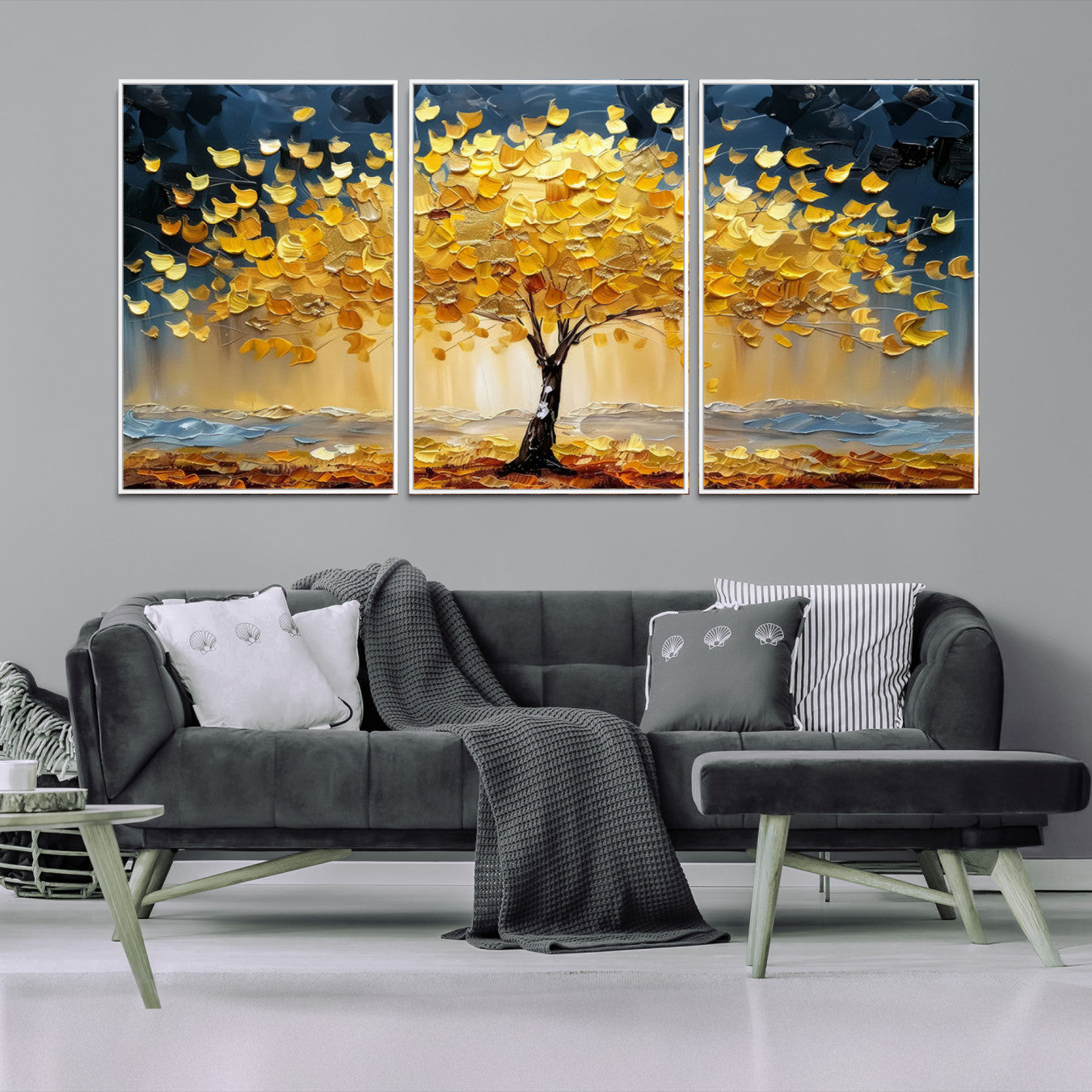 Canvas of a golden autumn tree with textured brushstrokes and moody blue skies, perfect for dramatic and vibrant home decor.