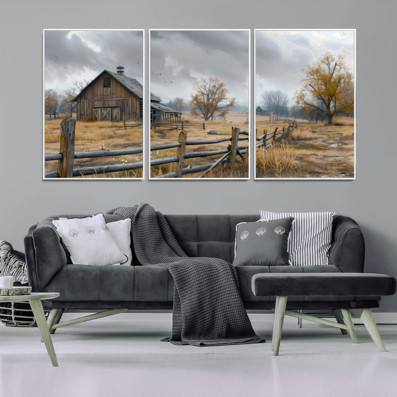 -Rustic Autumn Farmhouse Wall Art Canvas Print – Serene Countryside Scene with Weathered Barn and