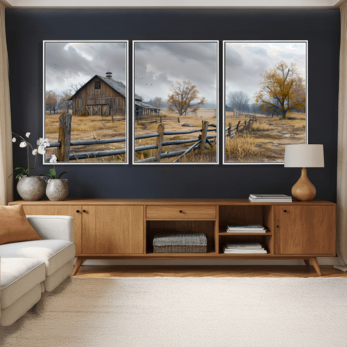 Farm1-MGV-CV-36X24 - Rustic Autumn Farmhouse Wall Art Canvas Print – Serene Countryside Scene with Weathered Barn and