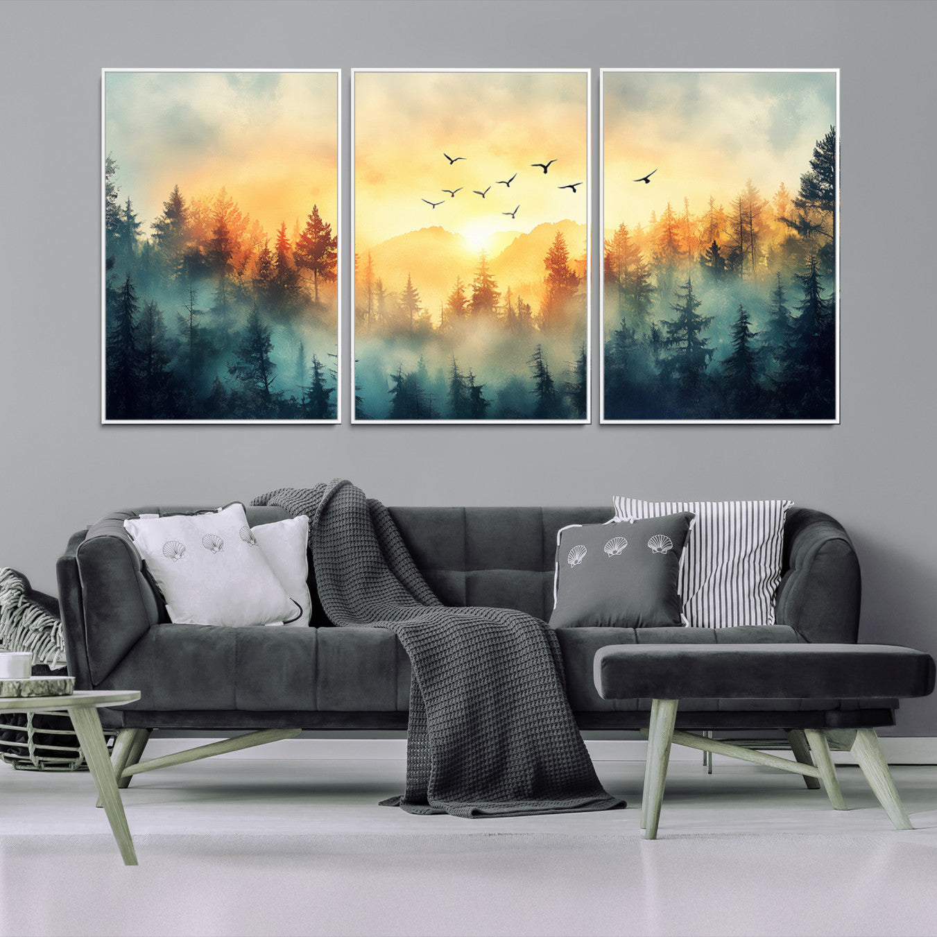 Canvas of a misty pine forest at sunrise with golden light and birds flying across the sky, perfect for tranquil nature-themed wall decor.