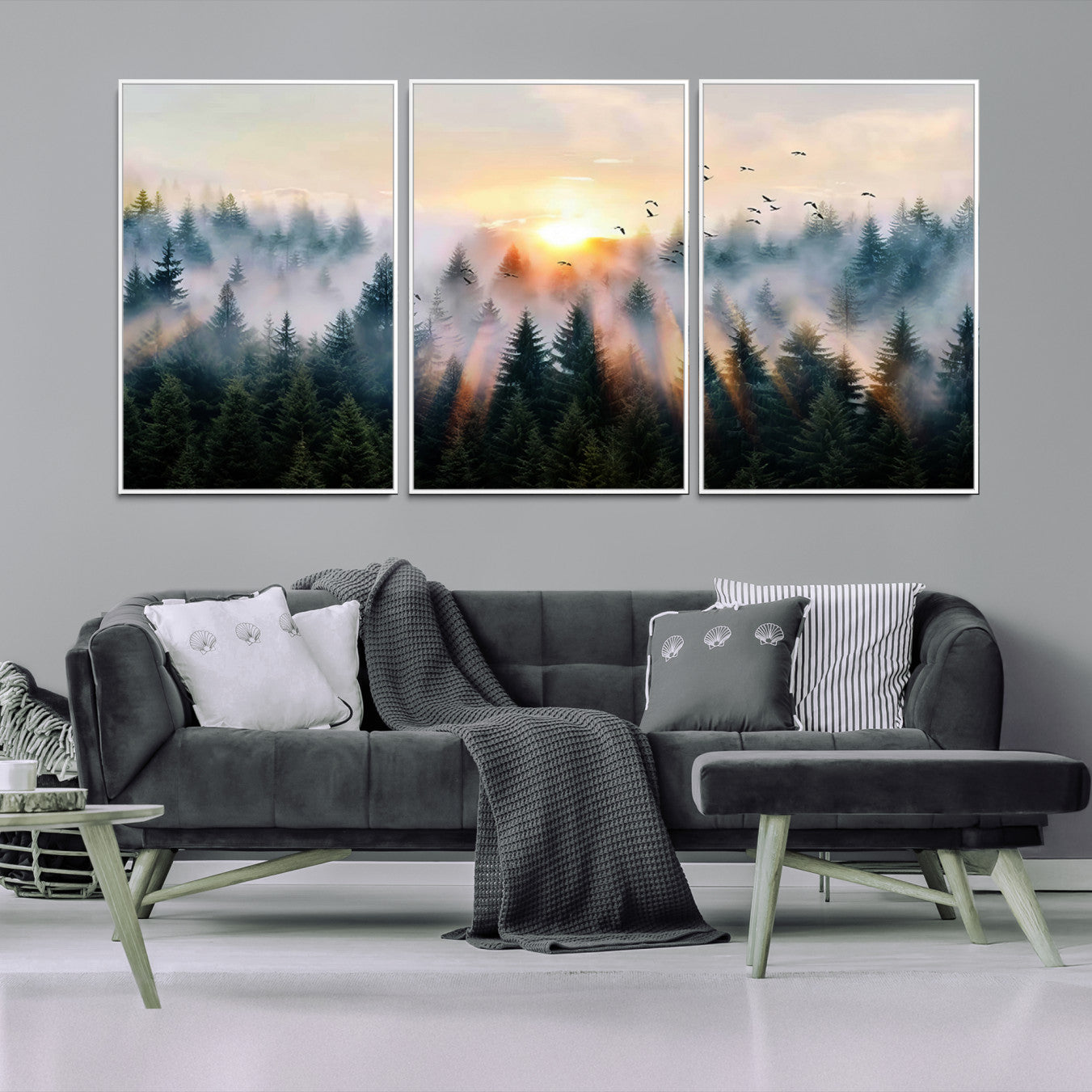 Canvas of a misty pine forest at sunrise with birds flying through golden morning rays, perfect for serene and moody woodland-style home decor.