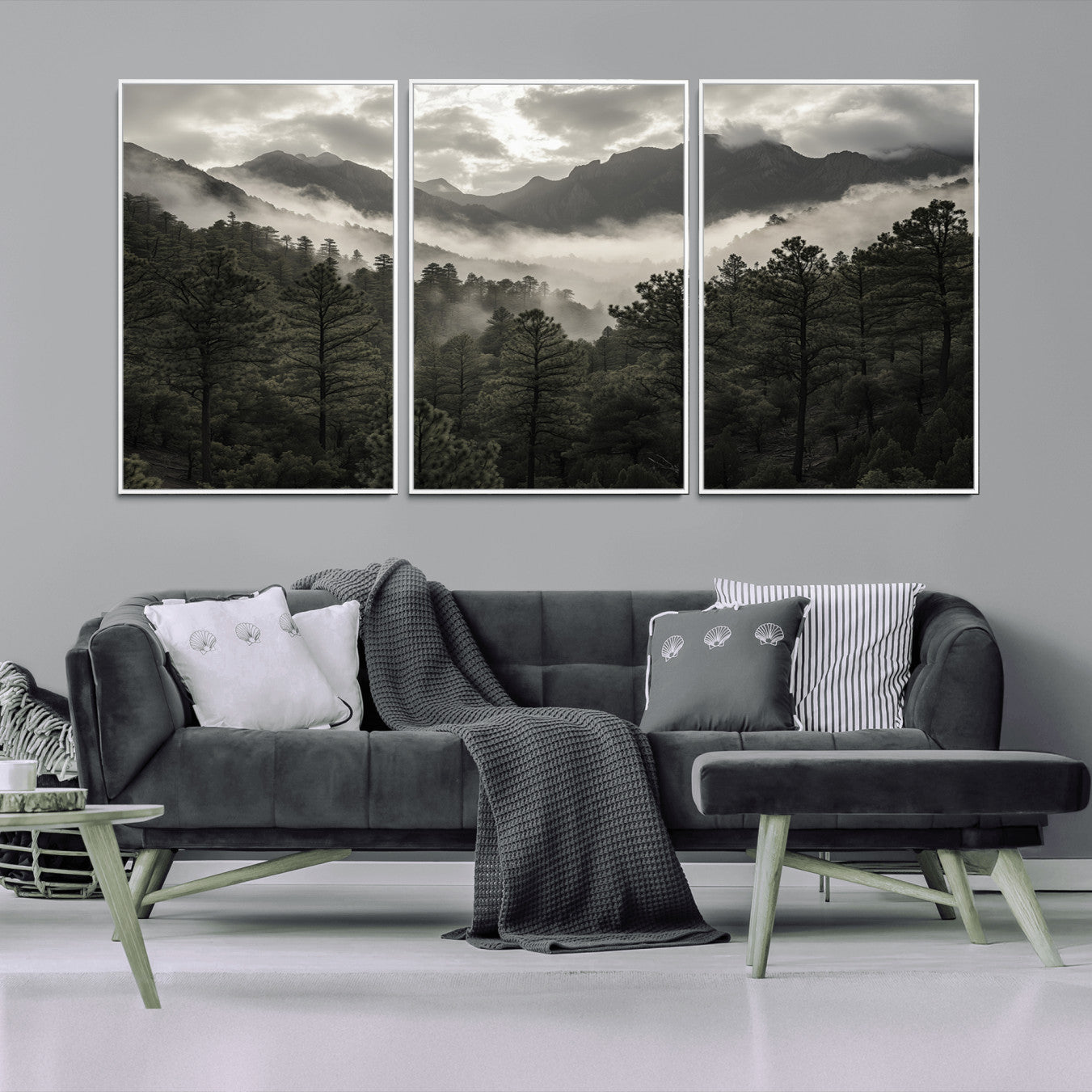 MGV-FC-60X30-3P - Misty Mountain Forest Wall Art – Canvas Print of Cloudy Peaks, Tranquil Pines, Enchanted Landscape, Majestic Nature Decor for Home or Office