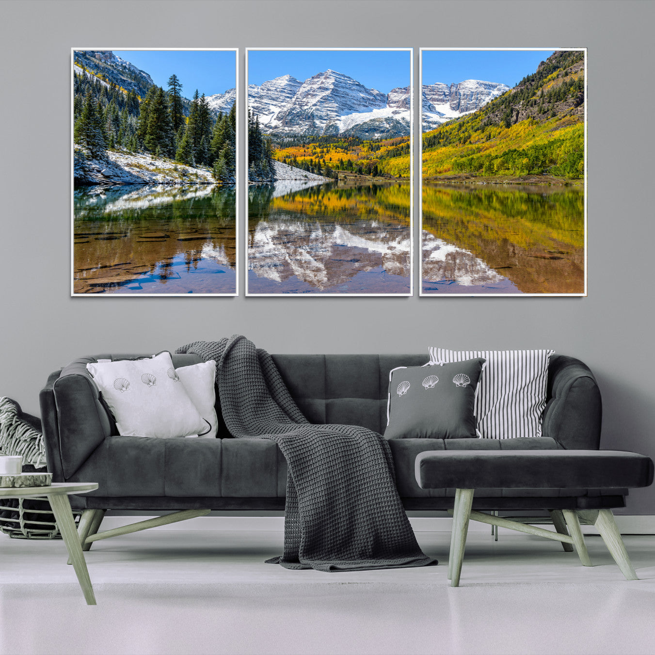 Canvas of Maroon Bells reflected in a clear alpine lake, with golden aspens and snowy peaks, ideal for crisp autumn or mountain-themed decor.