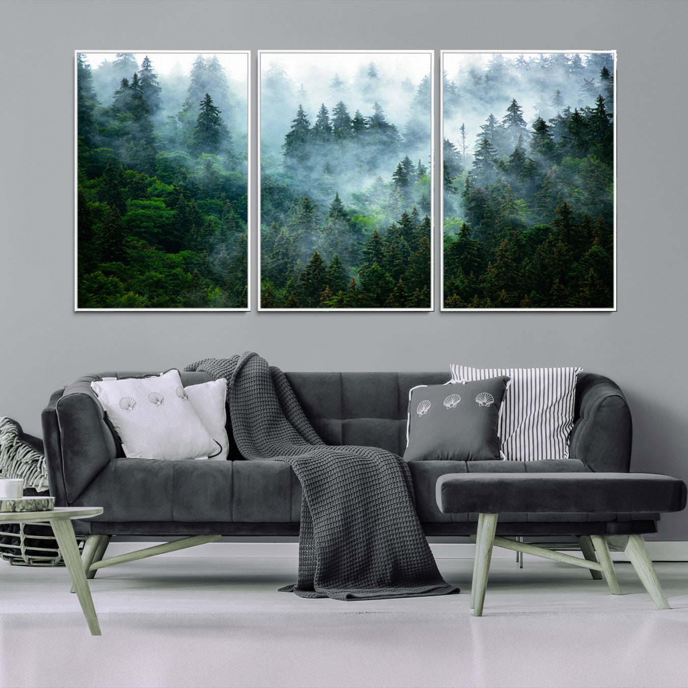 17393683-MGV-FC-60X30-3P_White-Misty Forest Wall Art Canvas Print – Framed Foggy Mountain Landscape Artwork, Serene Scenic Decor for Home, Office