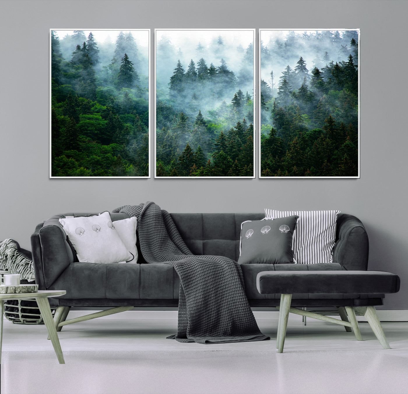 17393683-MGV-FC-60X30-3P_White-Misty Forest Wall Art Canvas Print – Framed Foggy Mountain Landscape Artwork, Serene Scenic Decor for Home, Office