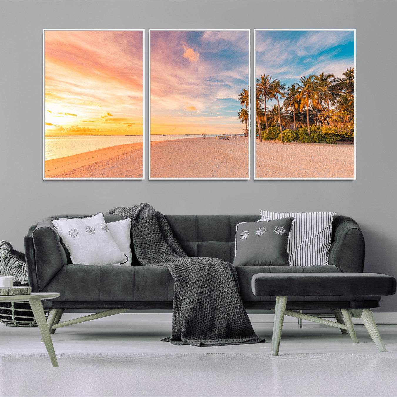 Tropical beach canvas with palm trees and soft sunset tones, ideal for coastal or beach-style home décor in warm pastel hues.
