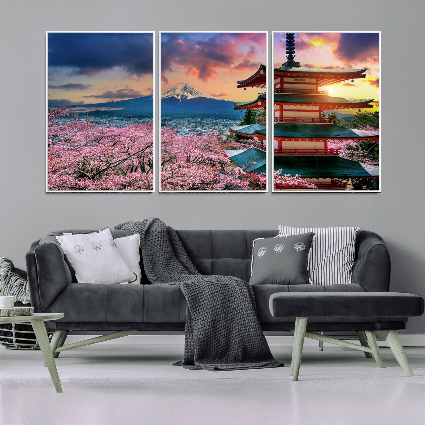 Mount Fuji & Cherry Blossom Wall Art Canvas Print – Iconic Japanese Landscape, Sakura Pagoda Sunset, Multi-Panel Framed Artwork for Home, Office & Zen Decor