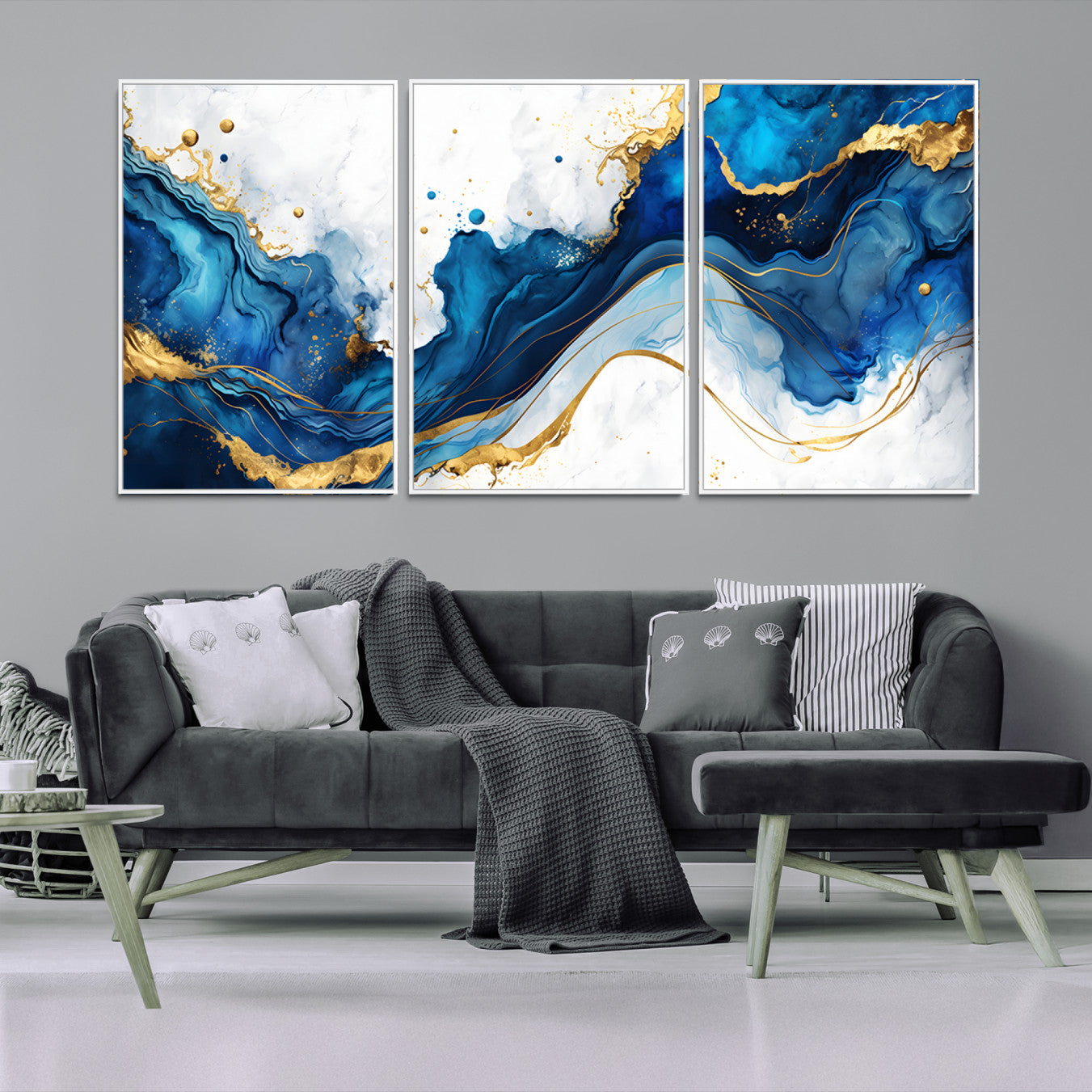 33506371-MGV-FC-60X30-3P_White-Blue Marble Wall Art Canvas Print – Framed Gold Splash Wave Design Modern Abstract Artwork for Home, Office