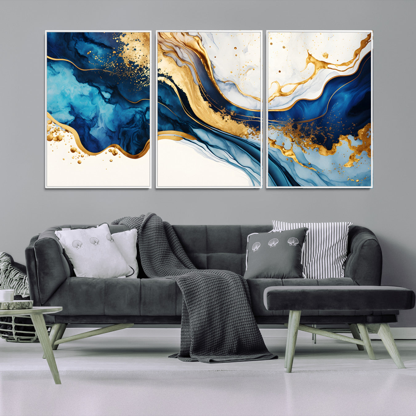 60283636-MGV-FC-60X30-3P_White-Blue Gold Flow Wall Art Canvas Print – Framed Marble Design Elegant Splash Abstract Artwork for Home, Office