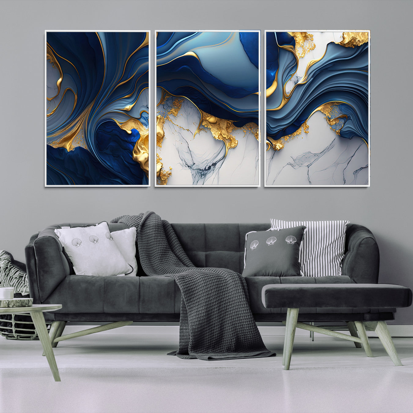 59970794-MGV-FC-60X30-3P_White-Blue Marble Wall Art Canvas Print – Framed Gold Veins Abstract Flow Elegant Modern Artwork for Home, Office