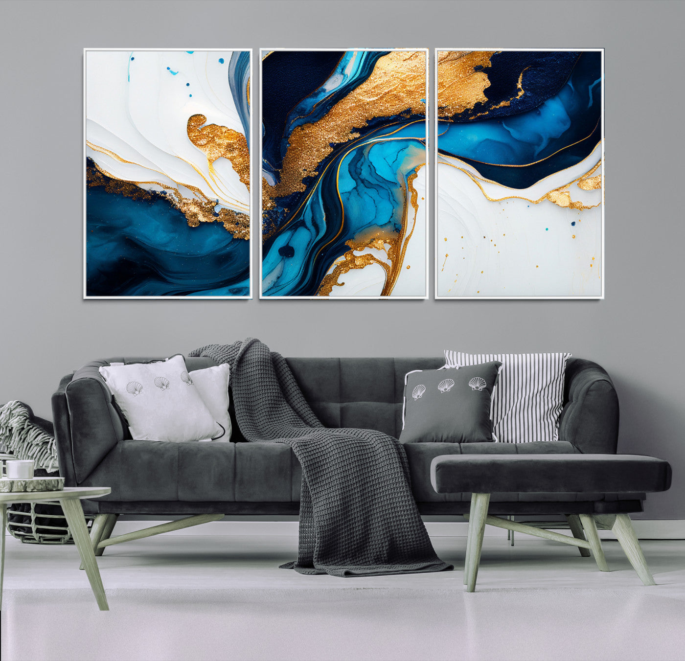 14107569-MGV-FC-60X30-3P_White-Gold Blue Abstract Wall Art Canvas Print, Elegant Navy and Gold Marble Flow Design Artwork for Home, Office