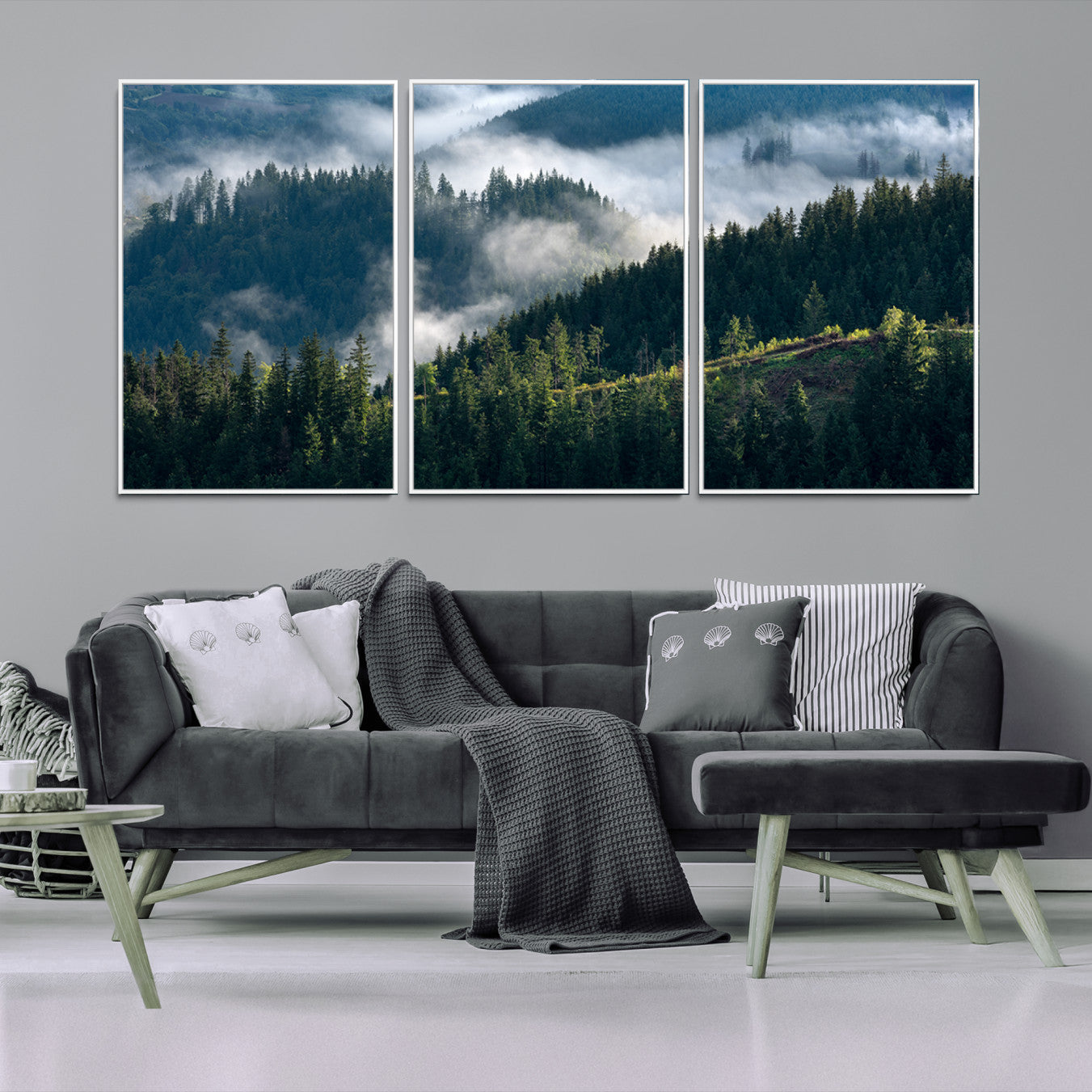 84598503-MGV-FC-60X30-3P-Misty Forest Wall Art Canvas Print, Framed Pine Hills Art Picture Print, Misty Forest Print,