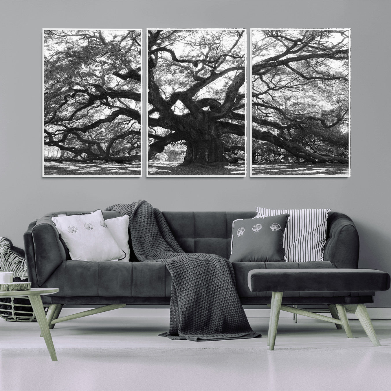 81655611-MGV-FC-60X30-3P_White-Ancient Oak Wall Art Canvas Print, Framed Twisted Branches Art Picture Print, Gnarled Tree Perfect Moody Nature Decor Artwork