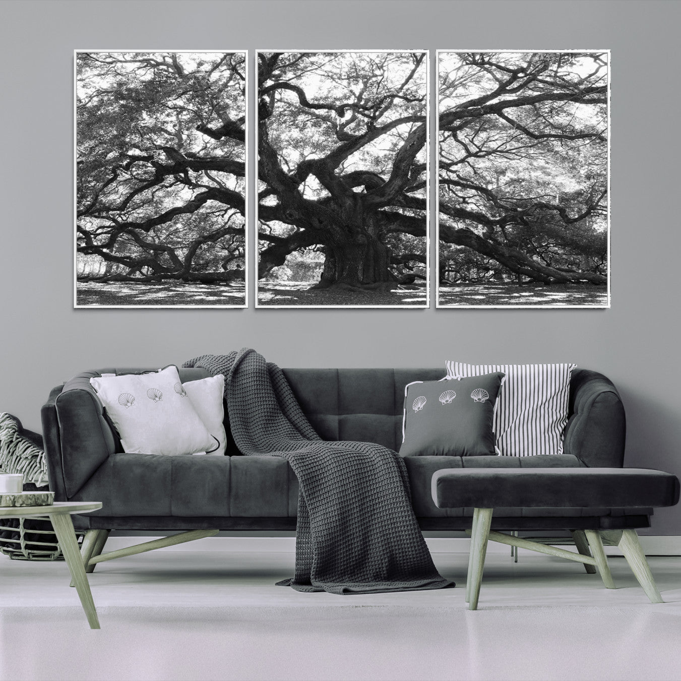 Black and white canvas of an ancient oak tree with sprawling, twisted branches, ideal for moody nature-inspired or rustic decor.