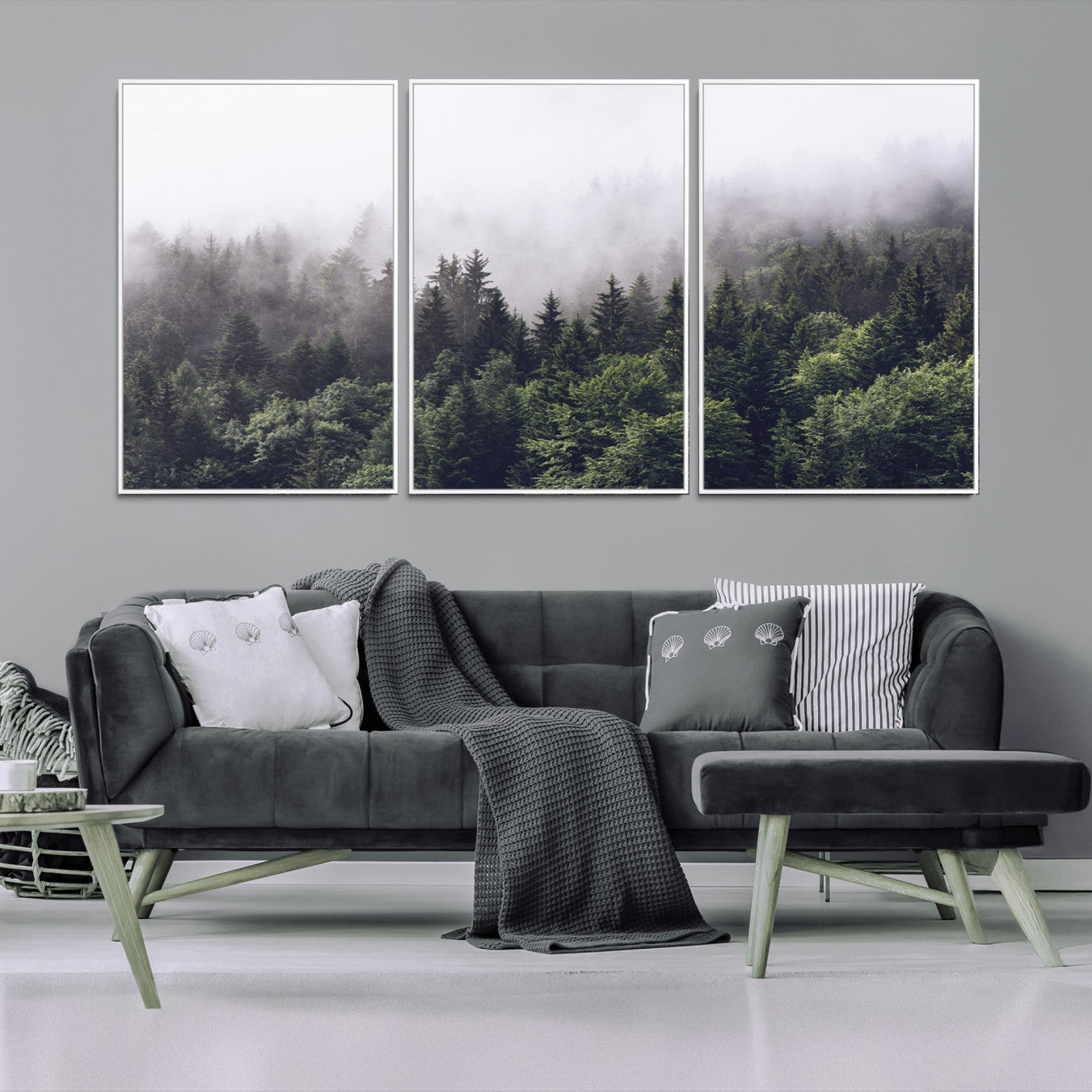 62890402-MGV-FC-60X30-3P-Misty Forest Wall Art Canvas Print, Framed Foggy Pines Art Picture Print, Pine Valley Perfect Moody